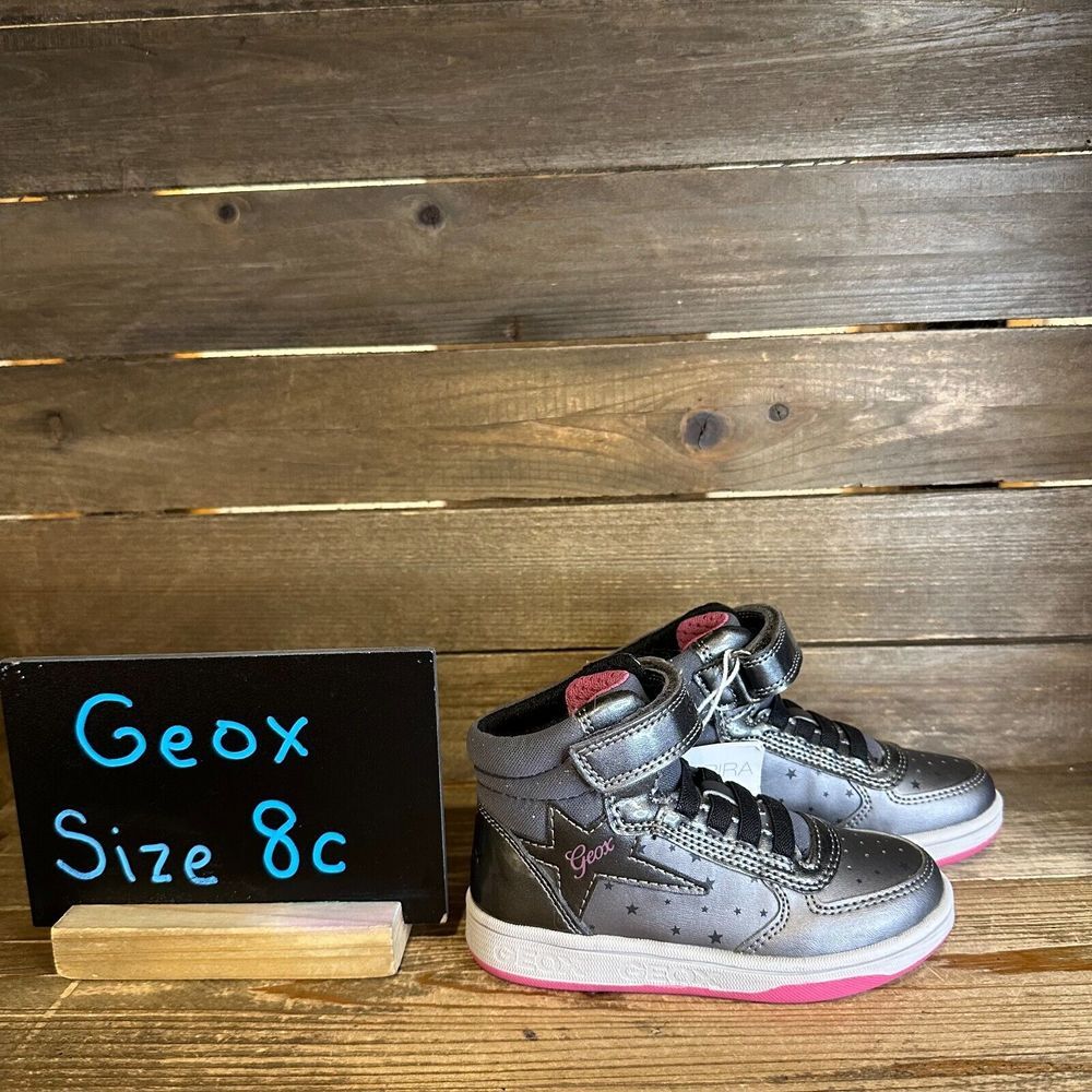 New‎ NWOB Little Kids Geox Gray Leather High Top Star Sneakers Shoes Size 8 C